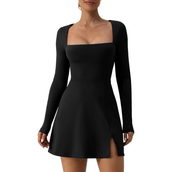 Women's Square Neck Bodice Dress Long Sleeve Side Slit Flare Mini - Picture 1 of 6